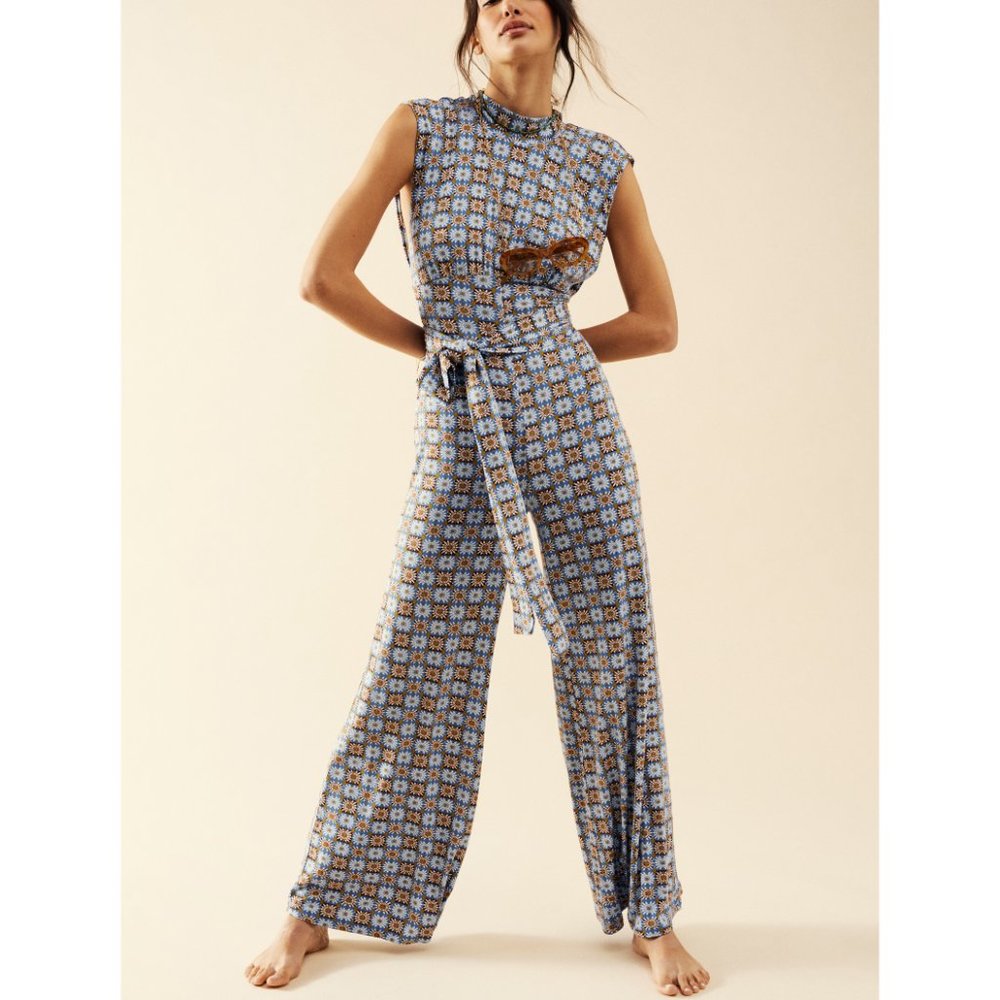 Free People Blue Floral Geometric Sleeveless Jumpsuit - Picture 4 of 6